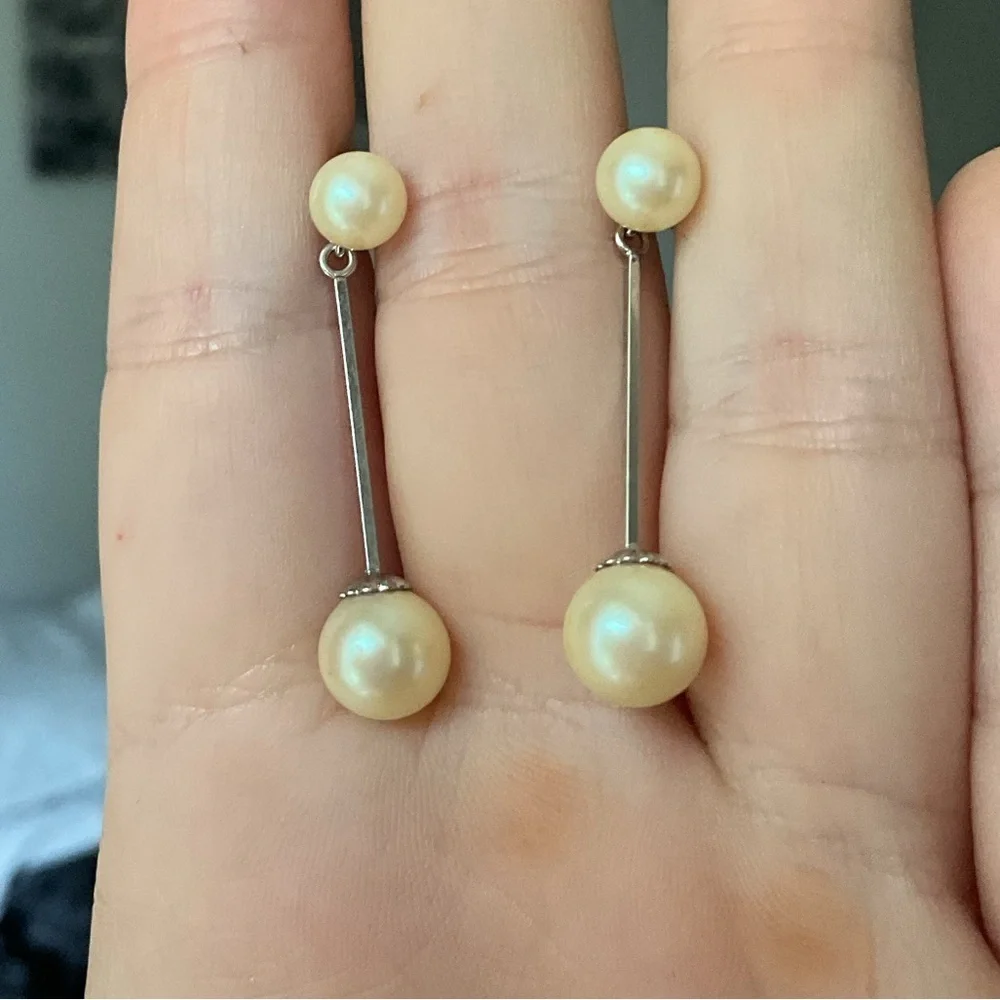 14k White Gold Backs Faux Pearl Dangle Drop Earrings
